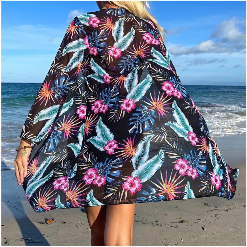 Floral Tropical Print Cut out High Waisted Bikini Kimono Beach - Picture 5 of 7